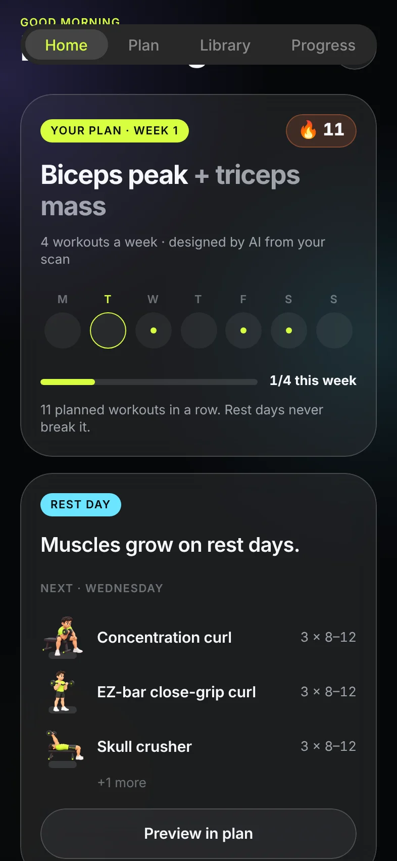 Home screen with weekly plan and workout streak