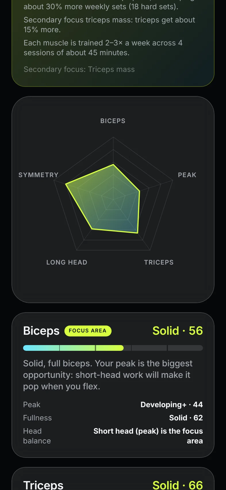Arm report with a radar chart and muscle scores