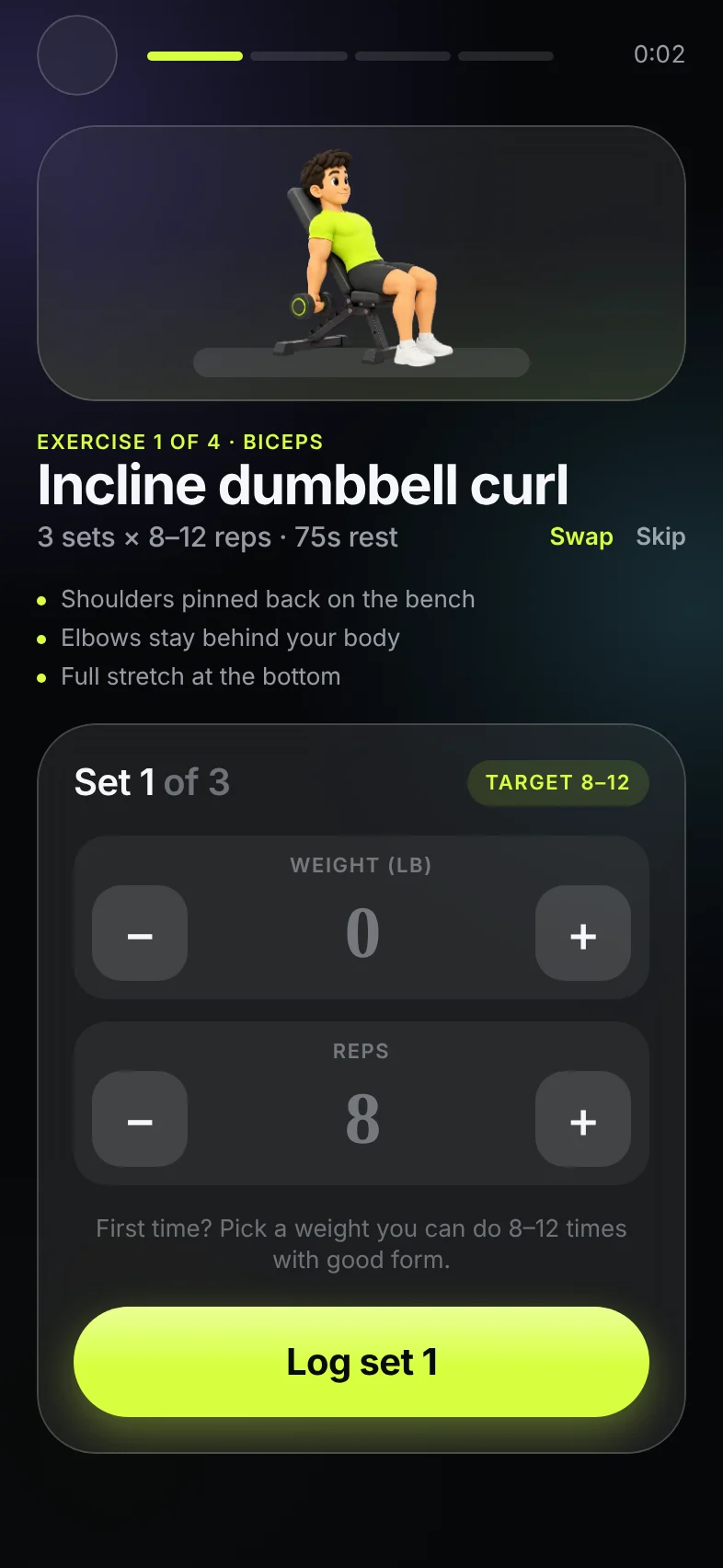 Workout screen with exercise demo and set logging